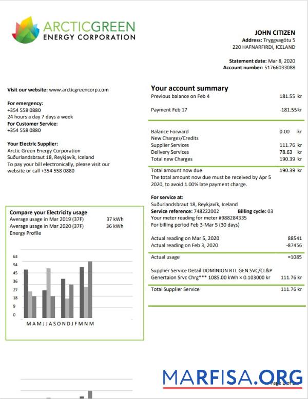 Downloadable Iceland Arctic Green Energy Corporation electricity utility bill download for verification